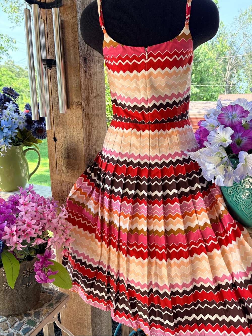 Max & Cleo Red Brown Pink Ric Rac Design Fit & Flare Sundress Adjustable Straps - Picture 6 of 9